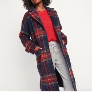 Soft brushed navy and burgundy plaid coat